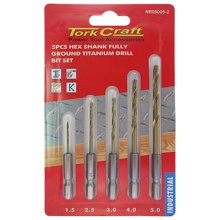 Tork Craft Drill Bit Set 5pcs Fully Ground,Titanium Hex Shank 1.5/2.5/3/4/5mm Tork Craft Drill Bit Set 5pcs Fully Ground,Titanium Hex Shank 1.5/2.5/3/4/5mm