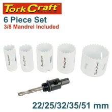 Tork Craft Hole Saw Set 6pce Bi-Metal (22/25/32/35/51mm & 3/8 Hex Mandrel) Tork Craft Hole Saw Set 6pce Bi-Metal (22/25/32/35/51mm & 3/8 Hex Mandrel)